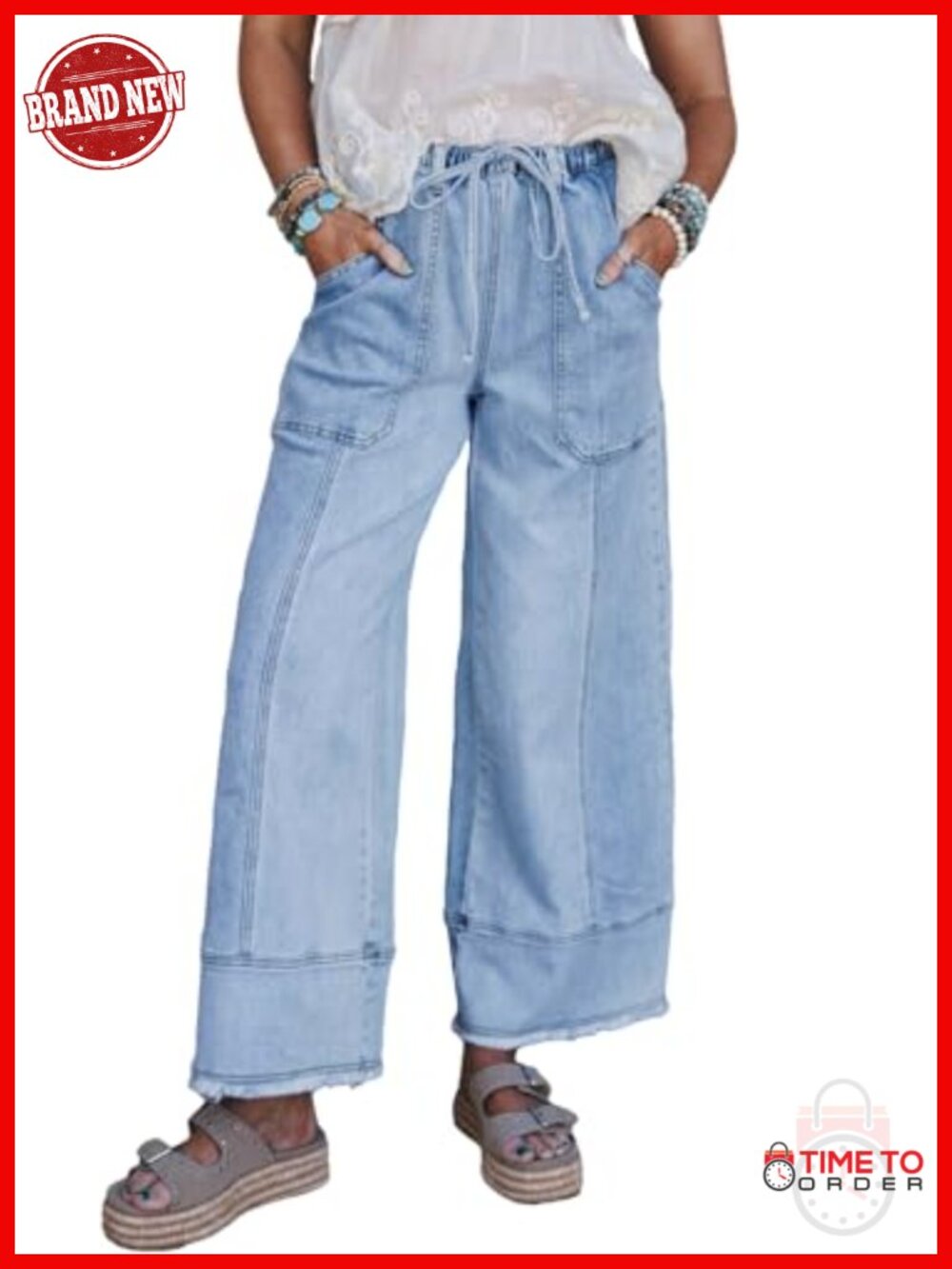 Women's Wide Leg Baggy Jeans High Waisted Stretchy Drawstring Denim Pants
